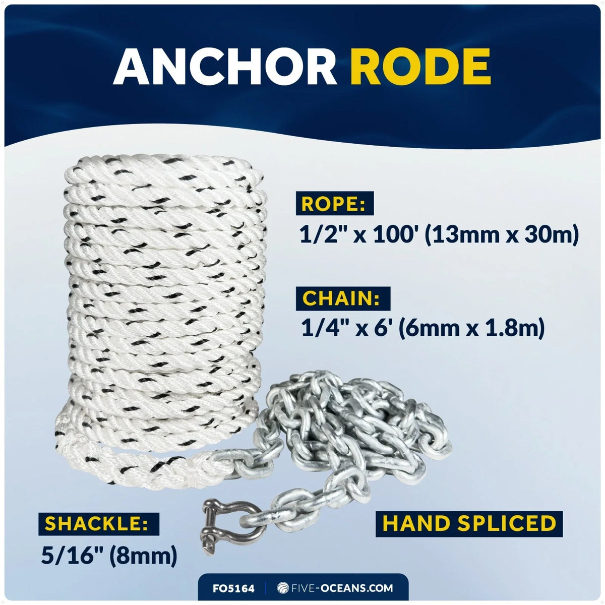 Anchor Rode 1/2" x 100' Rope with 1/4" x 6' Galvanized Chain