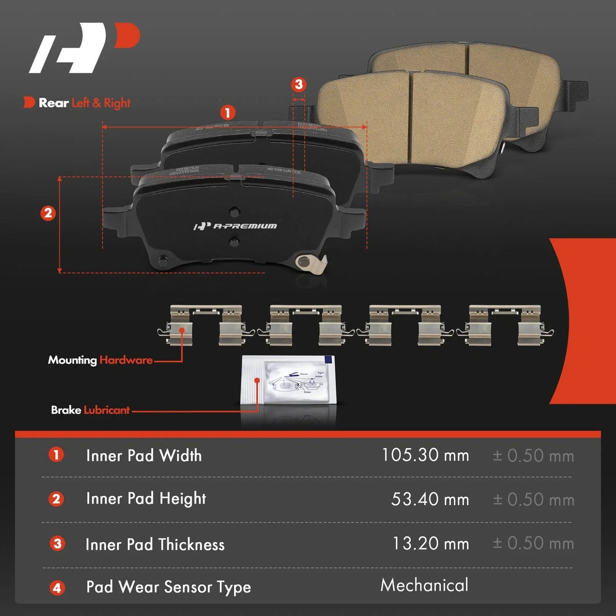 4-Piece Rear Brake Pad Set for Jeep Wrangler JL 2021-2023 with Hardware