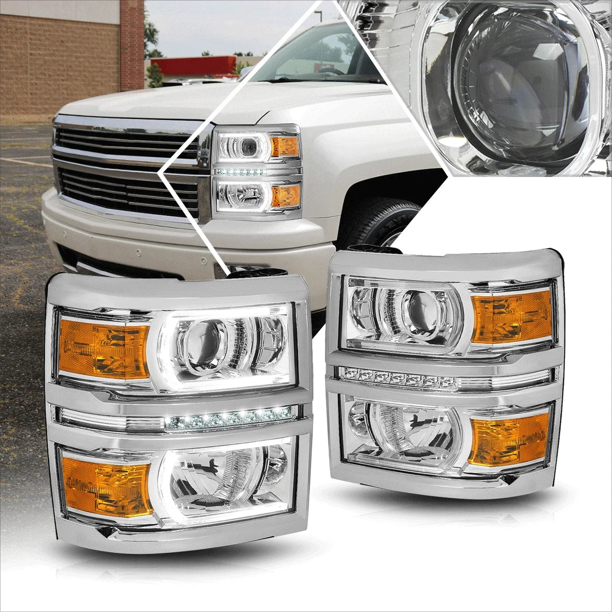 LED Projector Headlight in Chrome Housing for Chevy Silverado 2014-2015
