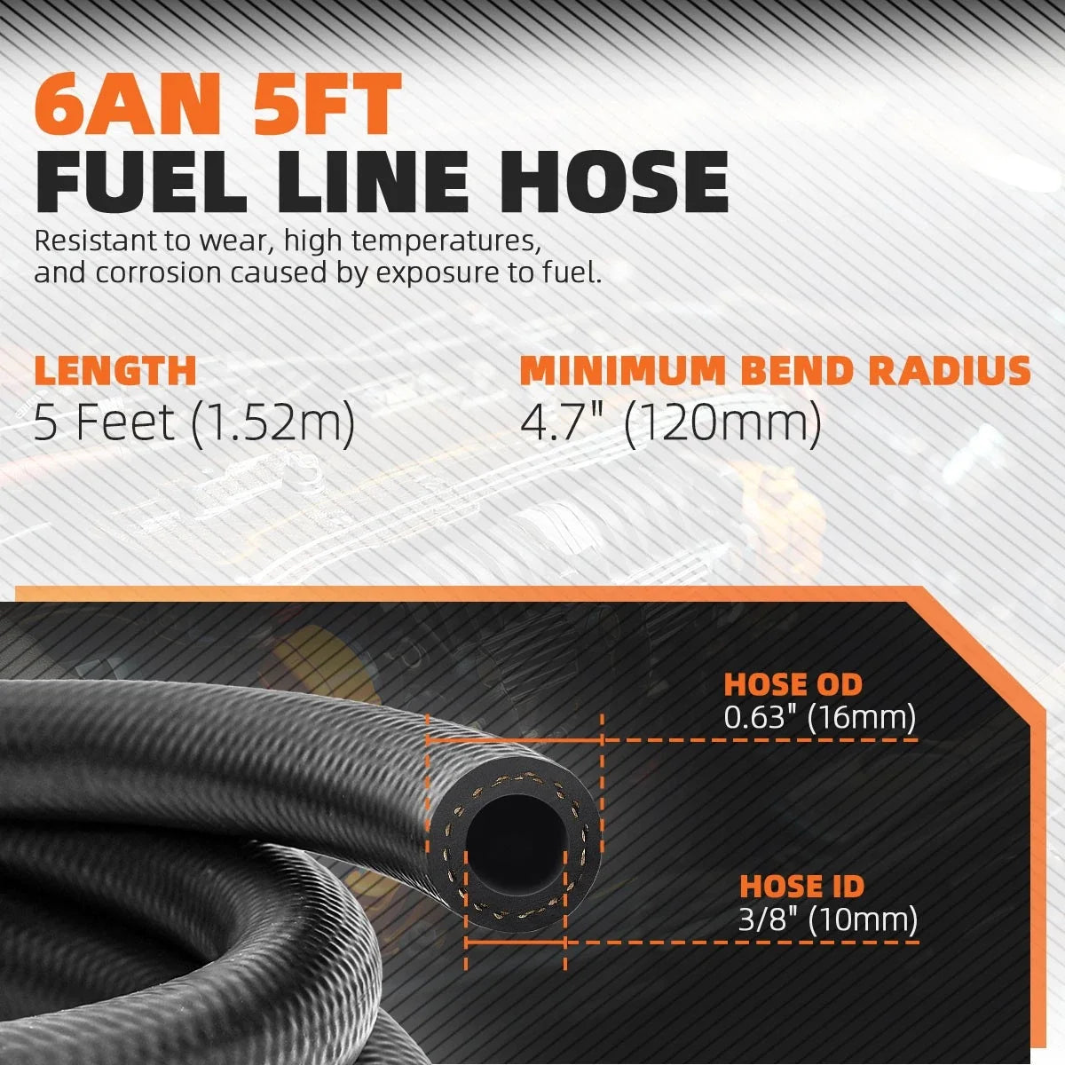 5 Feet 6AN 3/8" ID NBR Rubber Braided Fuel Line Hose for Diesel Gas