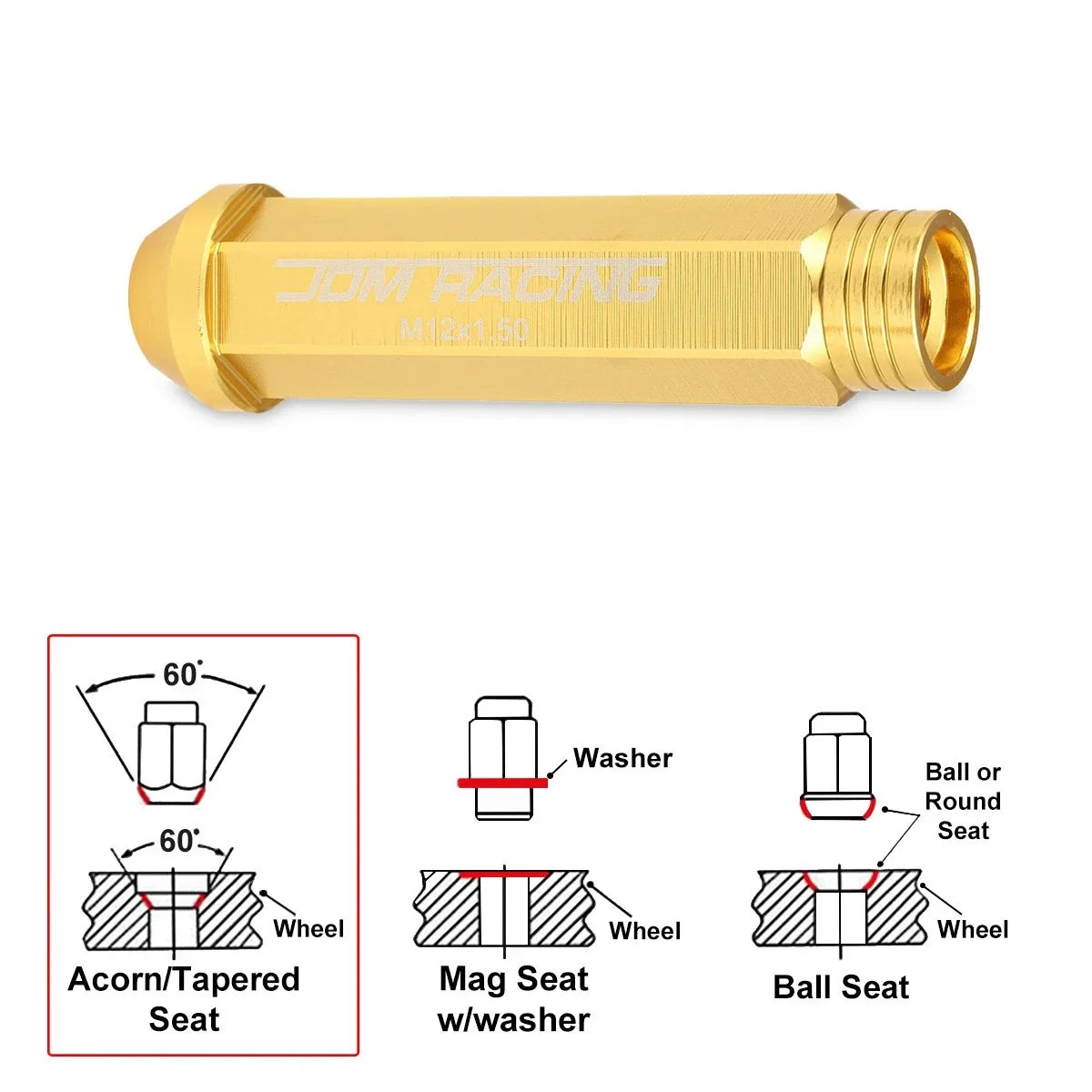 Open End Conical Wheel Lug Nuts 20Pc M12X1.5 Gold + Extension 25mmx90mm