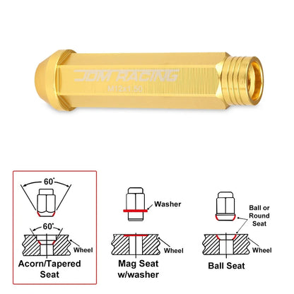 Open End Conical Wheel Lug Nuts 20Pc M12X1.5 Gold + Extension 25mmx90mm