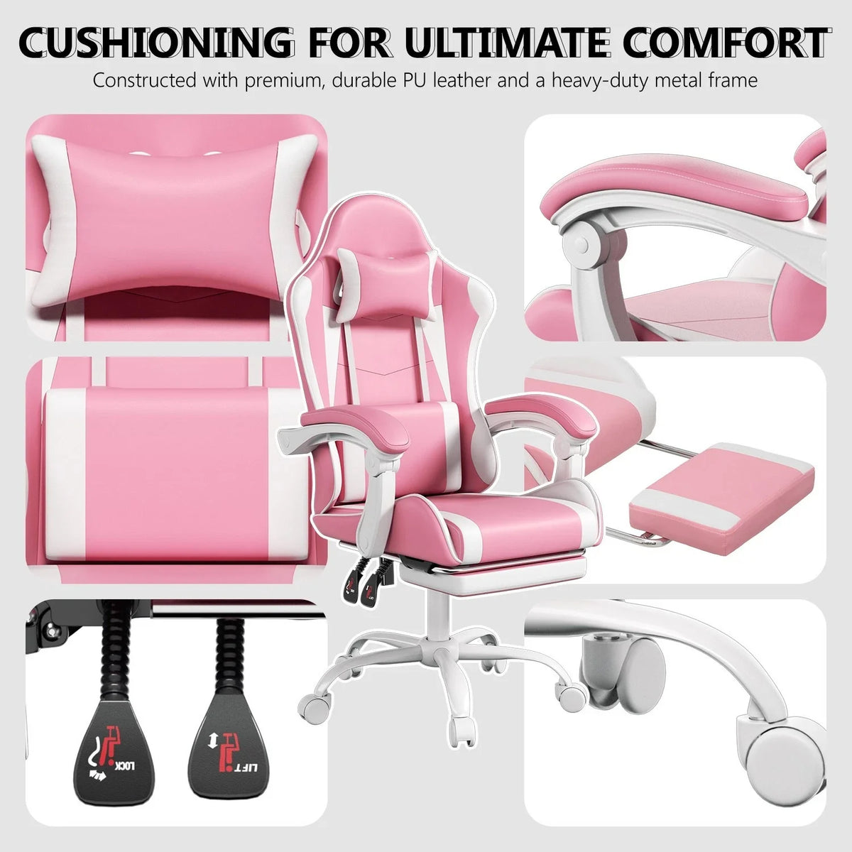 Adjustable Wide Seat Head Support for Gaming Chair (Pink/White)