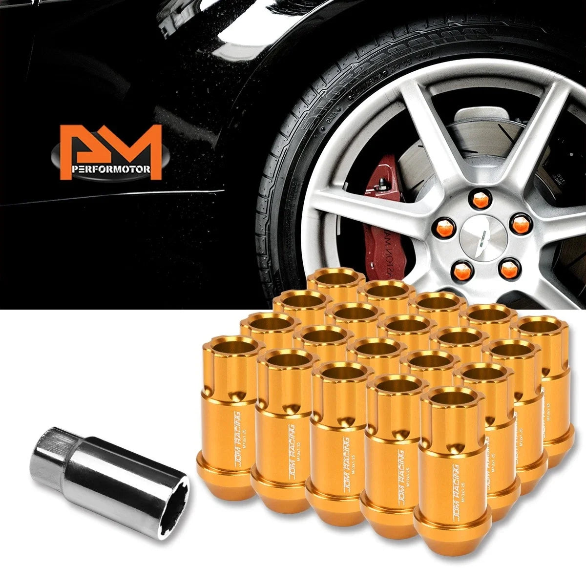 20Pc Open End Spline Wheel Lug Nuts M12X1.25 in Orange + Key