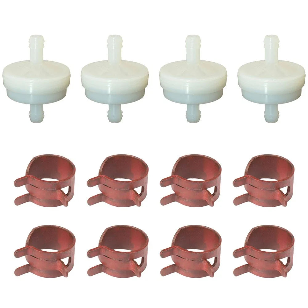 Set of 4 Fuel Filters and 8 Hose Clamps for Lawn Mowers (Walk-Behinds, Zero-Turns)