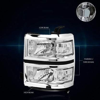 Headlight Replacement for Chevy Silverado (2014–2015) Chrome Housing Clear Corner