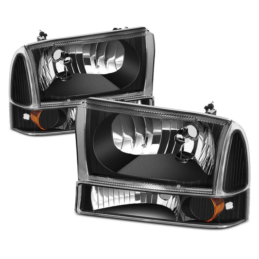 Headlight Lamps Set of 2 for Ford F250/F350 Super Duty (1994–2004) Black Housing Amber Corner