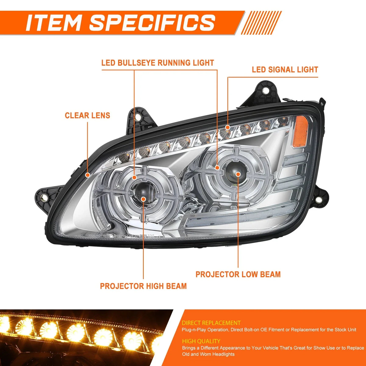 Full LED Sequential Chasing Signal Projector Headlights for Kenworth T660 (2008–2017)