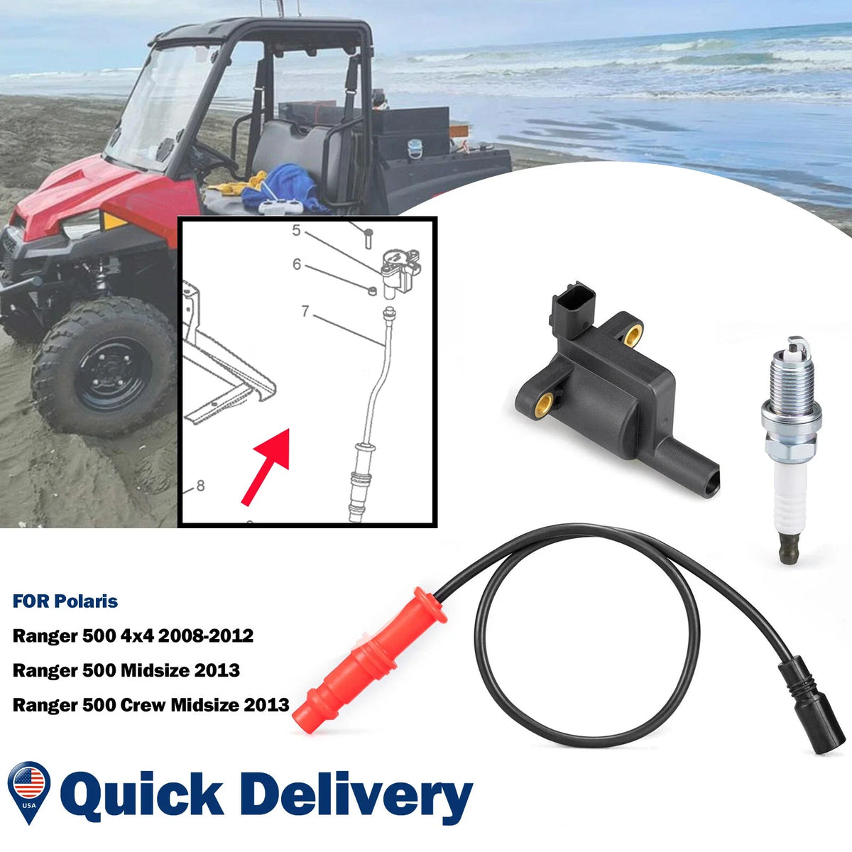 Ignition Coil with Wire Cap and Spark Plug Set for Polaris Ranger 500 2013