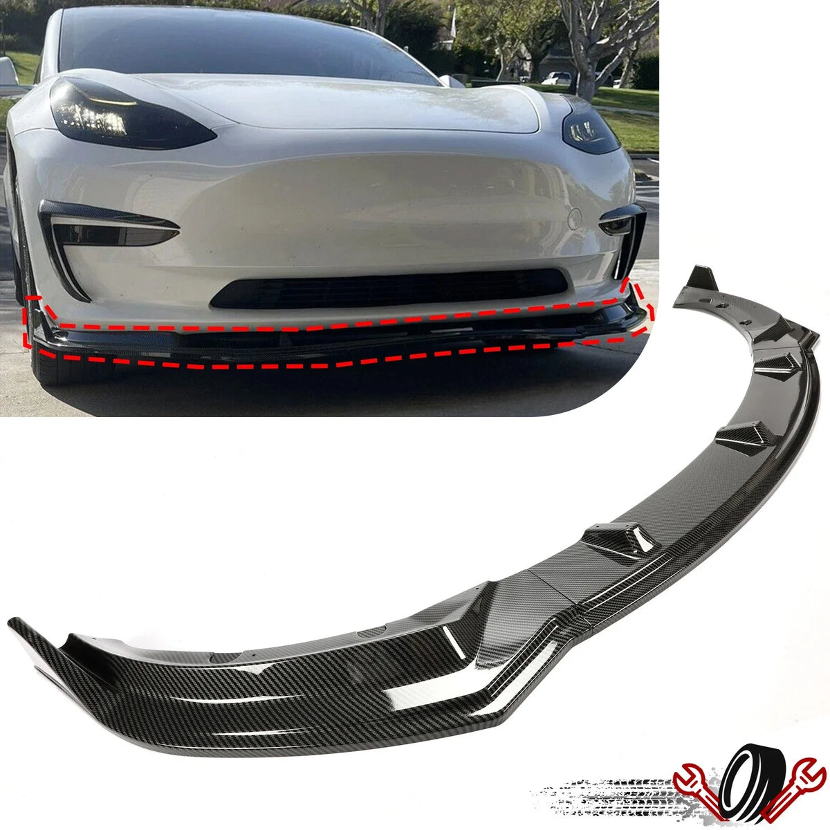 Front Bumper Lip Kit Splitter for Tesla Model 3 (2017–2023) Carbon Fiber