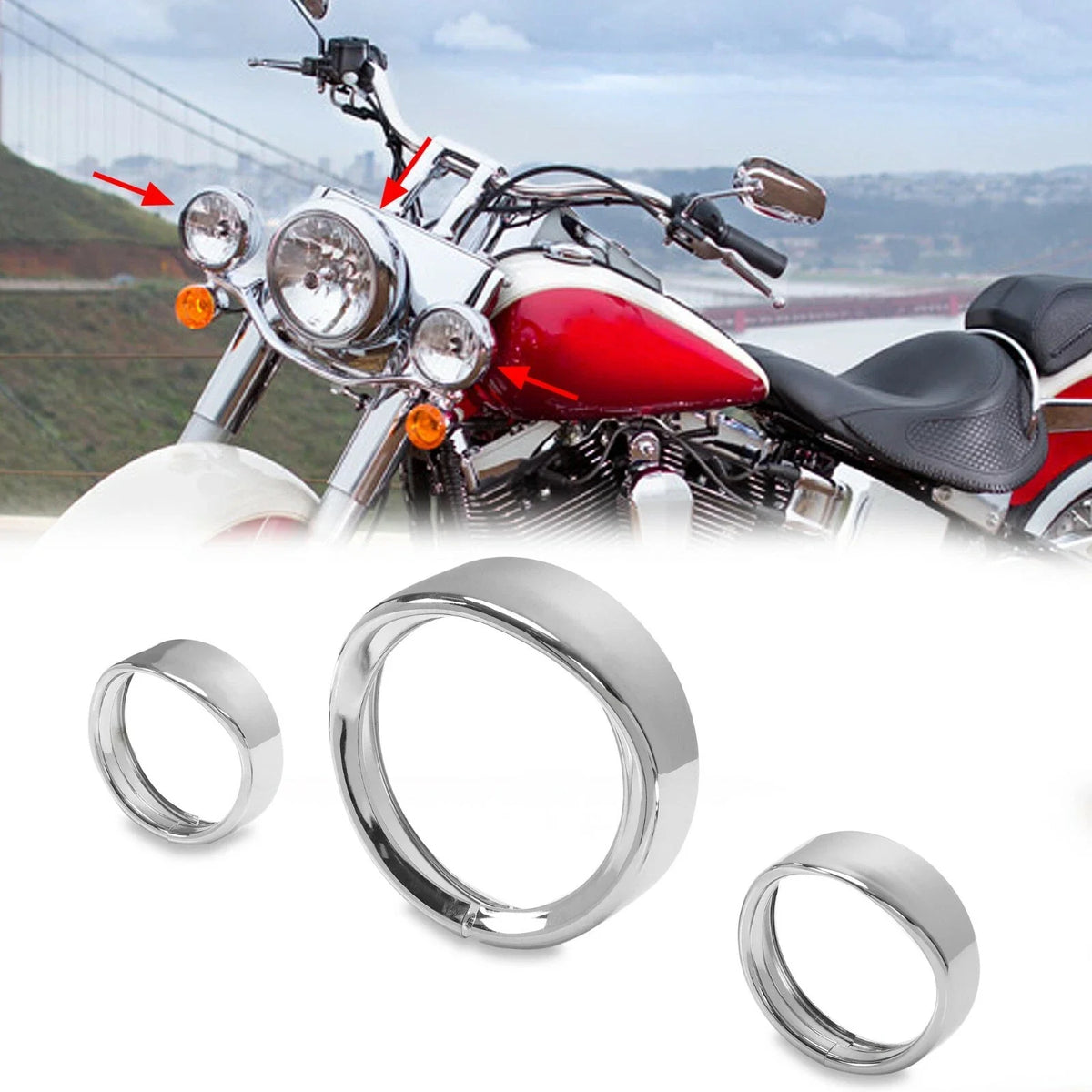 7" Headlight with 4.5" Passing Light Trim Ring Bezel for Harley Touring