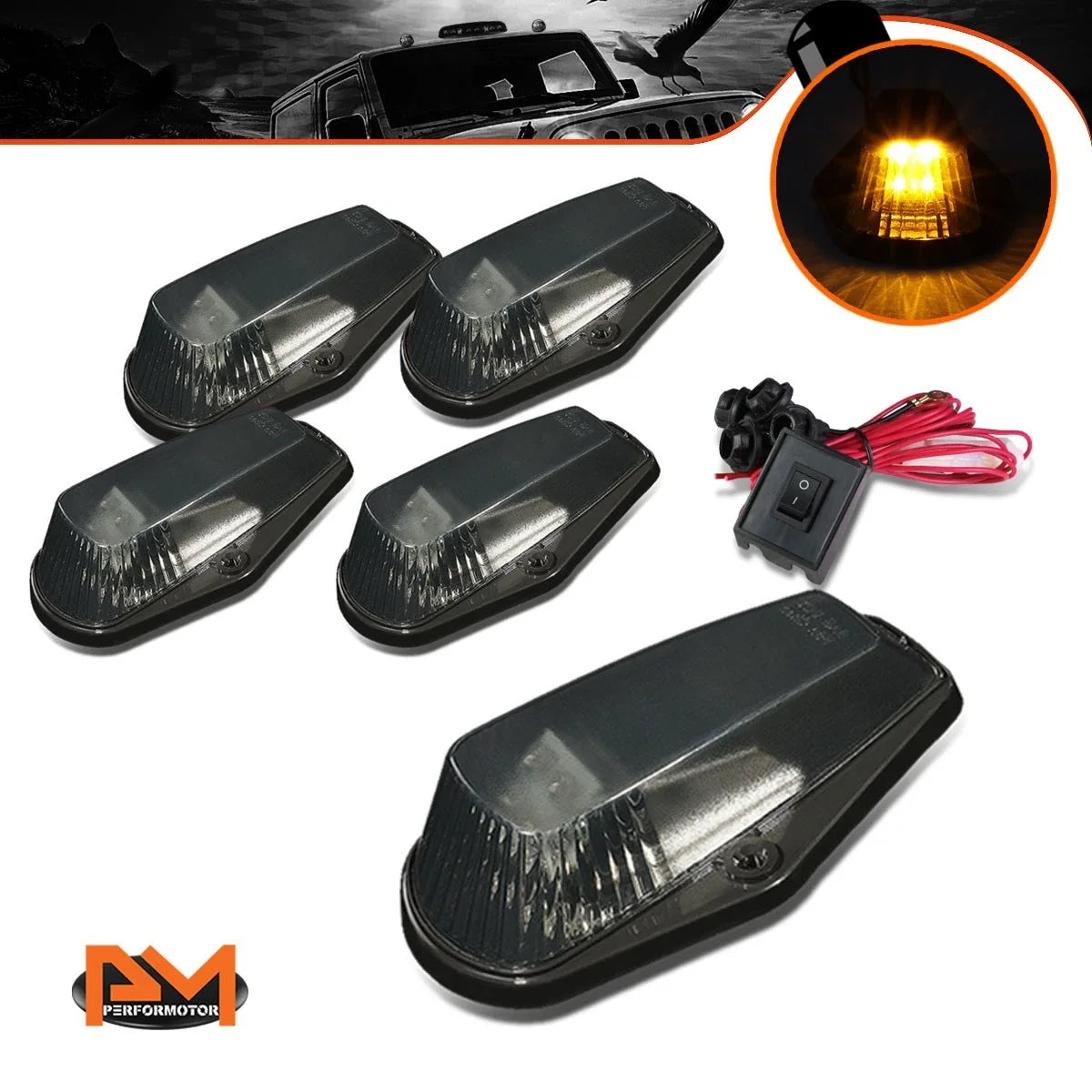5Pcs Cab Roof Running Light W/Switch Smoked Yellow LED for F-Series (1980–1996)