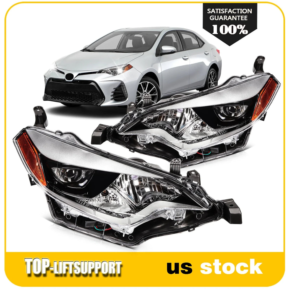 2X Headlight Assembly for Toyota Corolla (2014–2016) Black Amber