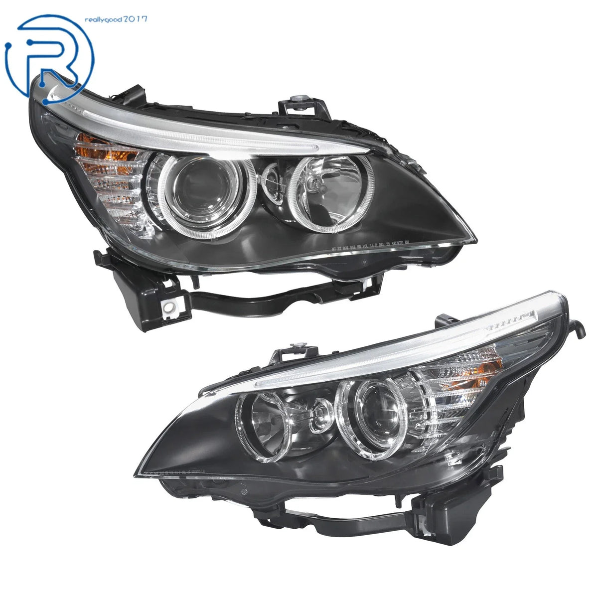 Headlight Set for BMW 528i (2008–2010) Halogen Black Driver+Passenger