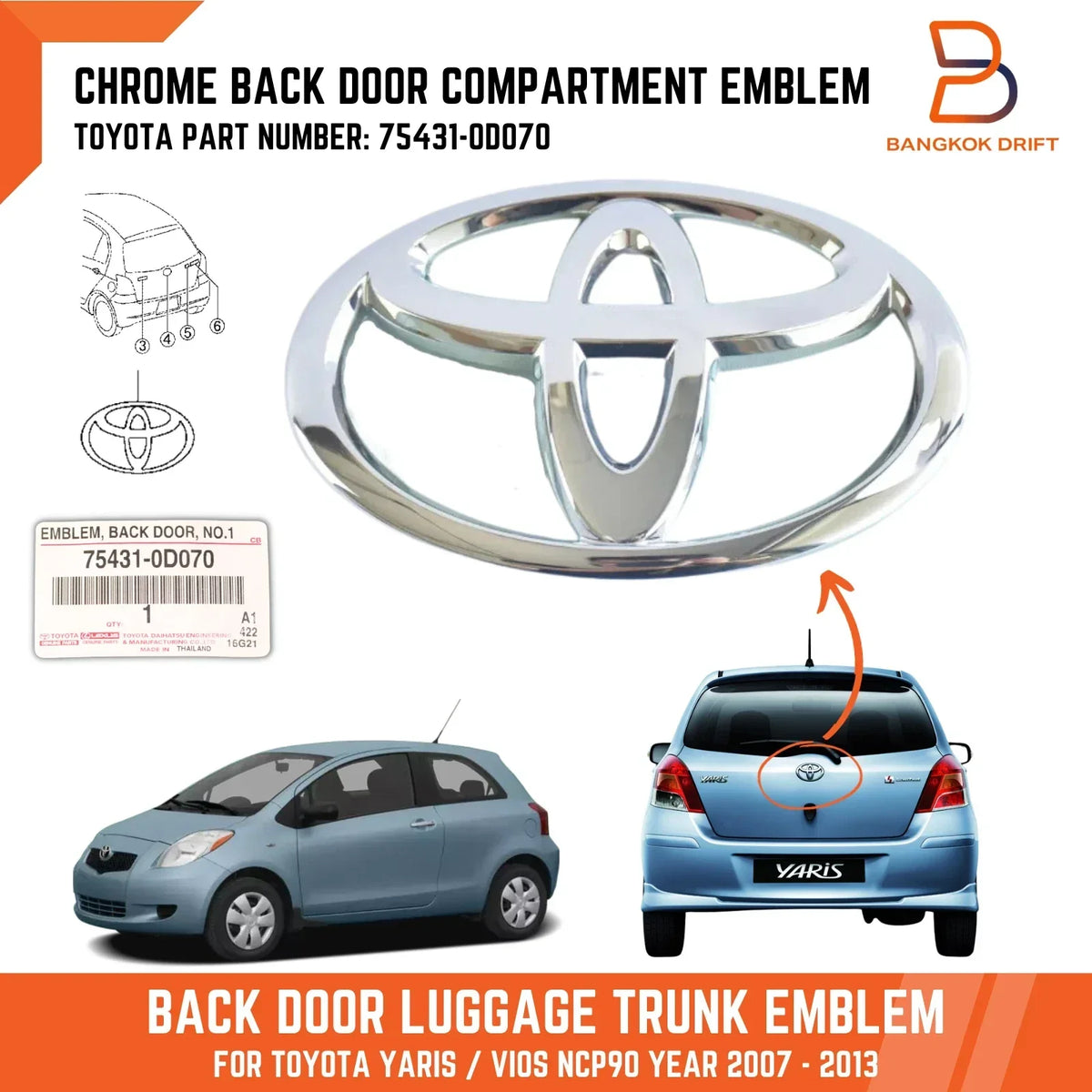 Chrome Back Door Logo Emblem for Yaris 2005-2013