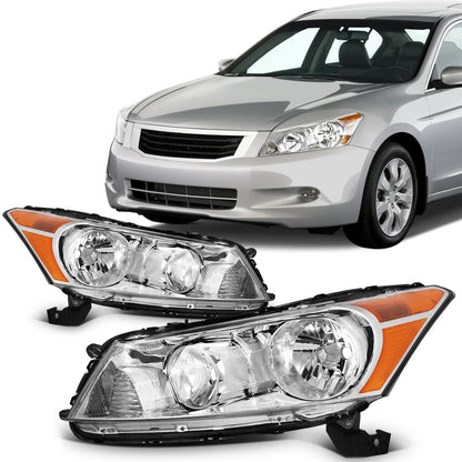 Headlight Assembly Set of 2 - Chrome Amber for Honda Accord 2008-2012