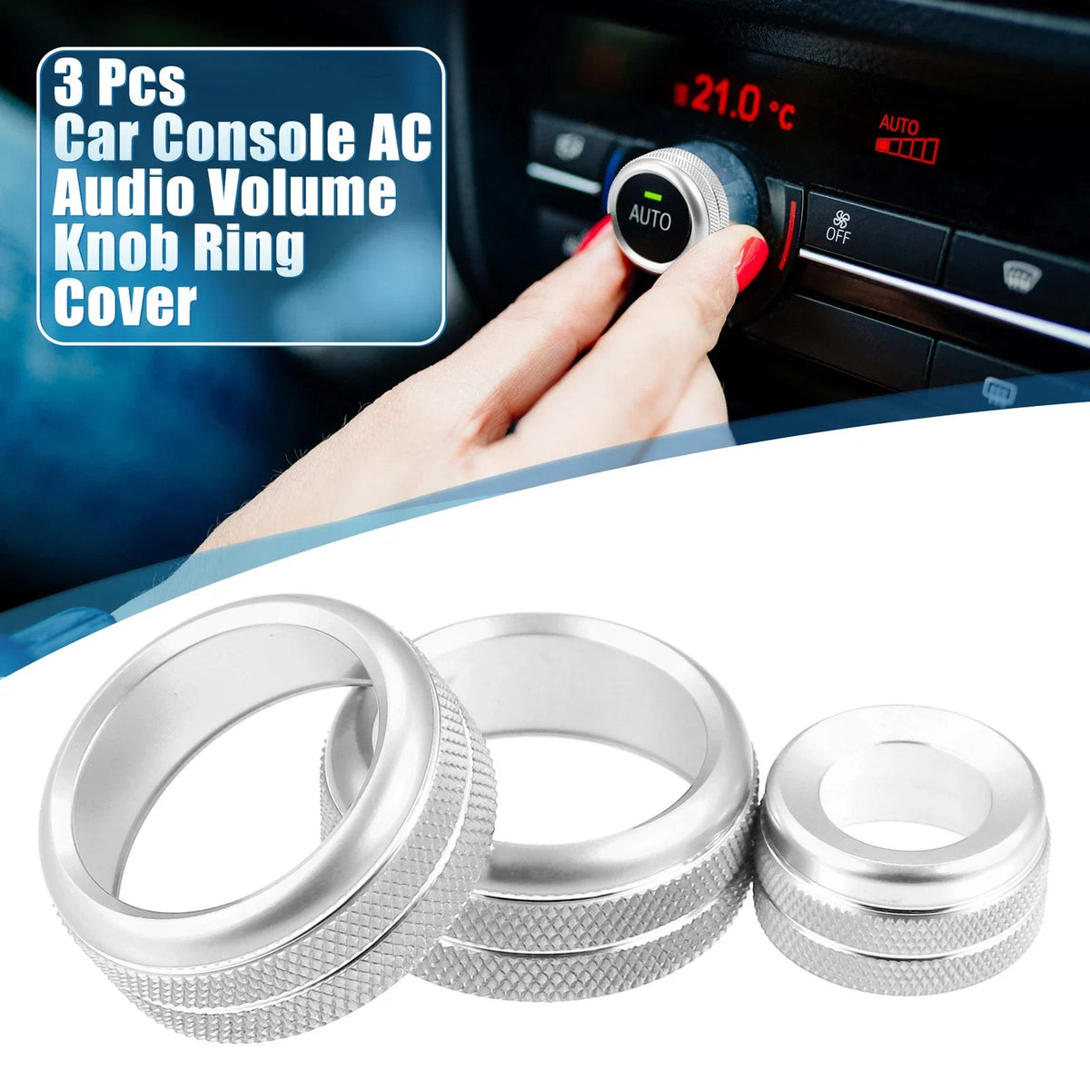 3Pcs AC Audio Volume Knob Cover for BMW F20 F22 F30 (2012–2019) Silver Tone