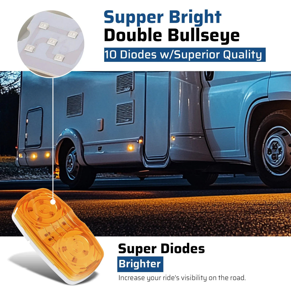 Set of 4 Amber LED Side Marker Lights for Trailers (10 Diodes Each)