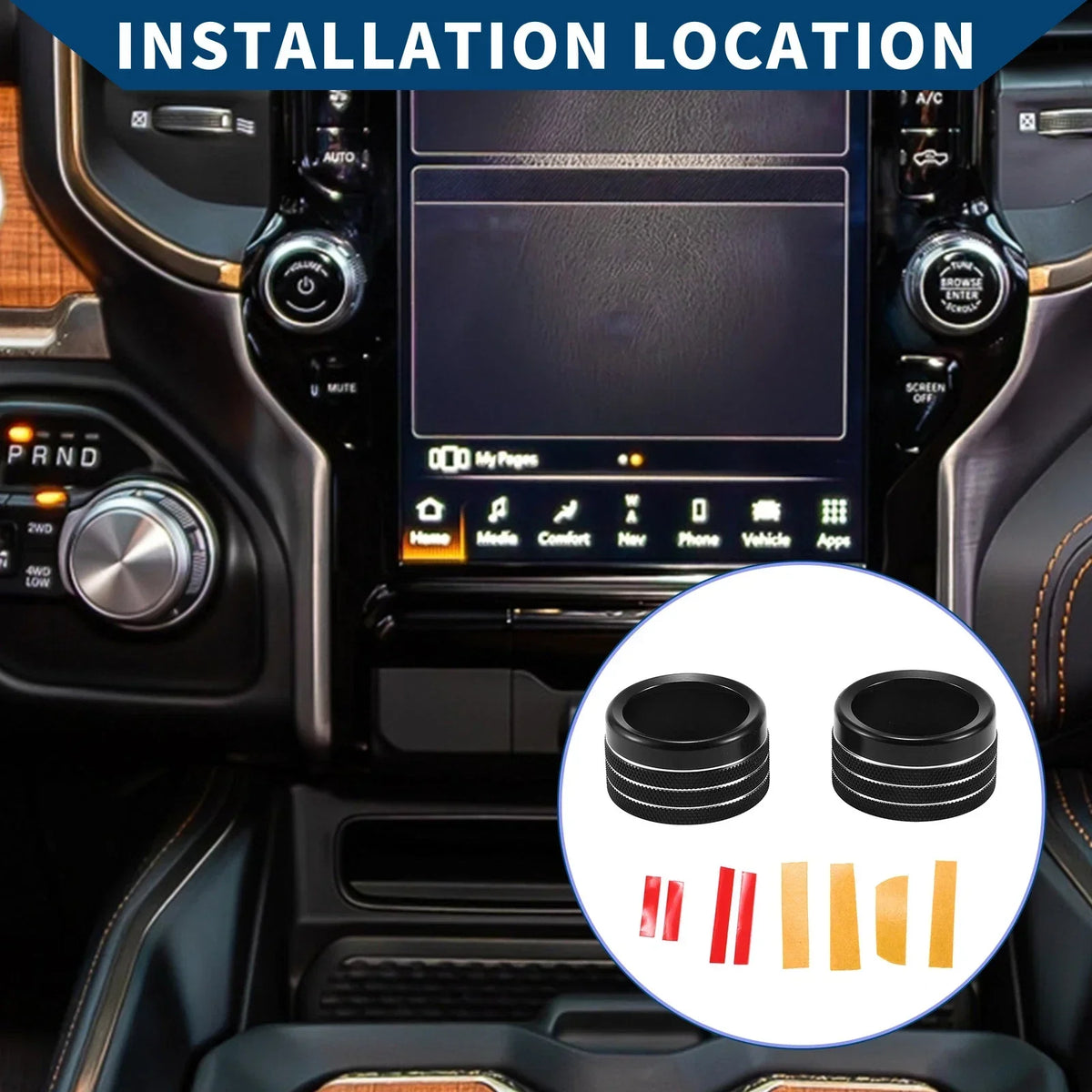 Black Radio Tune Switch Knob Cover - 2 Pcs for Dodge RAM 2019-2022