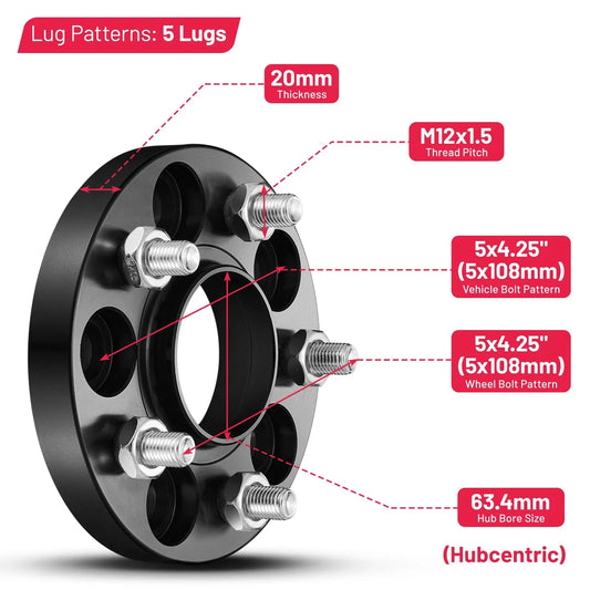 2X 20mm Hubcentric Wheel Spacers 5x108 12x1.5 For Ford Fusion