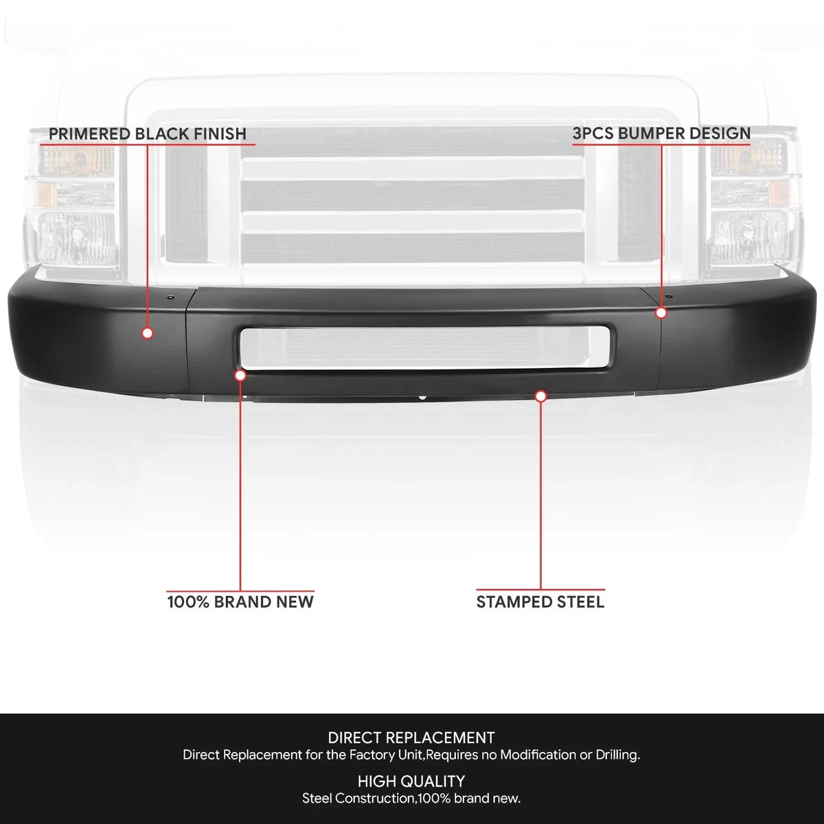 3-Piece Front Bumper Face Bar for Ford E-150 E-350 E-450 (2008–2019)