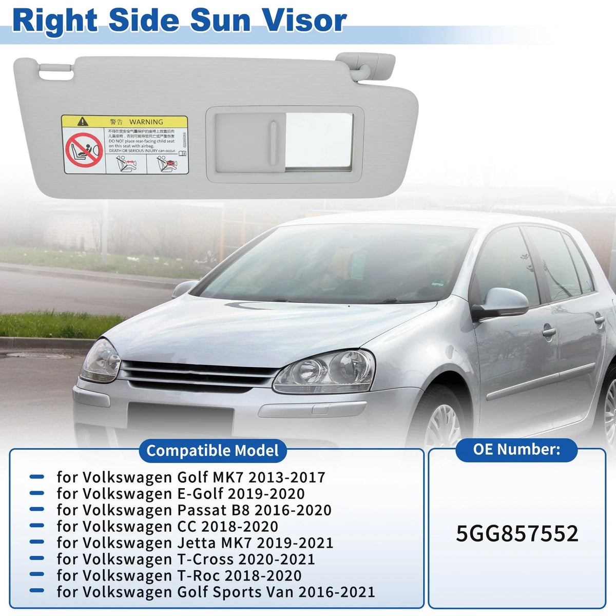 Right Side Sun Visor for Volkswagen Golf MK7 (2013–2017) 5GG857552 Gray
