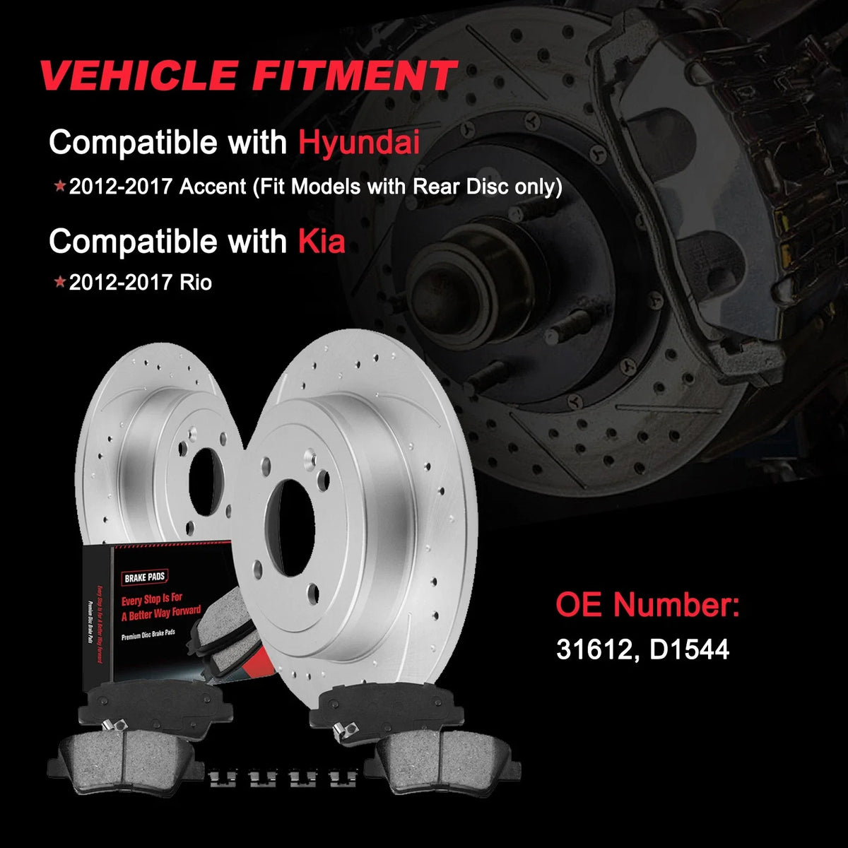 Rear Drilled Slotted Rotors + Ceramic Pads for Hyundai Accent Kia Rio (2012–2017)