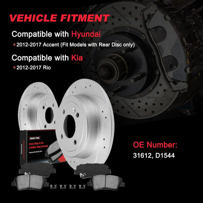 Rear Drilled Slotted Rotors + Ceramic Pads for Hyundai Accent Kia Rio (2012–2017)