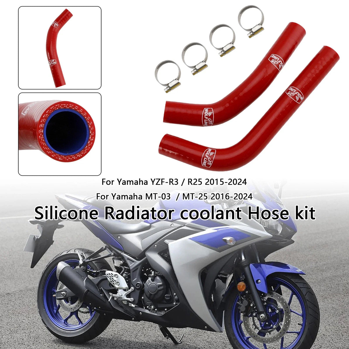 Red Silicone Radiator Coolant Hose for Yamaha R3 R25 MT-03 MT-25 (2015–2024)