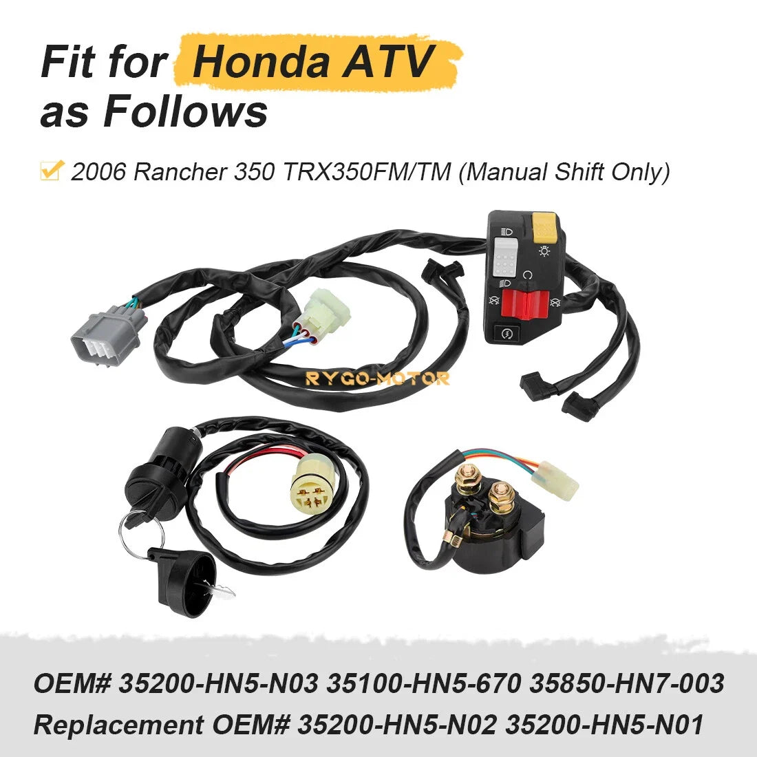 Starter Relay Switch Kit with Handlebar Key for Honda Rancher 350 2006