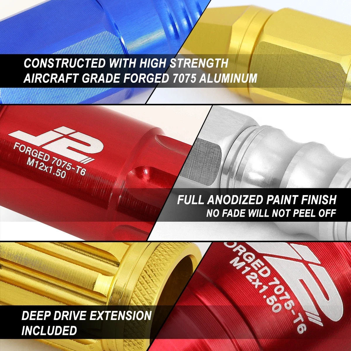 Set of 20 J2 7075 Forged Aluminum M12x1.25 Open-End Lug Nuts for