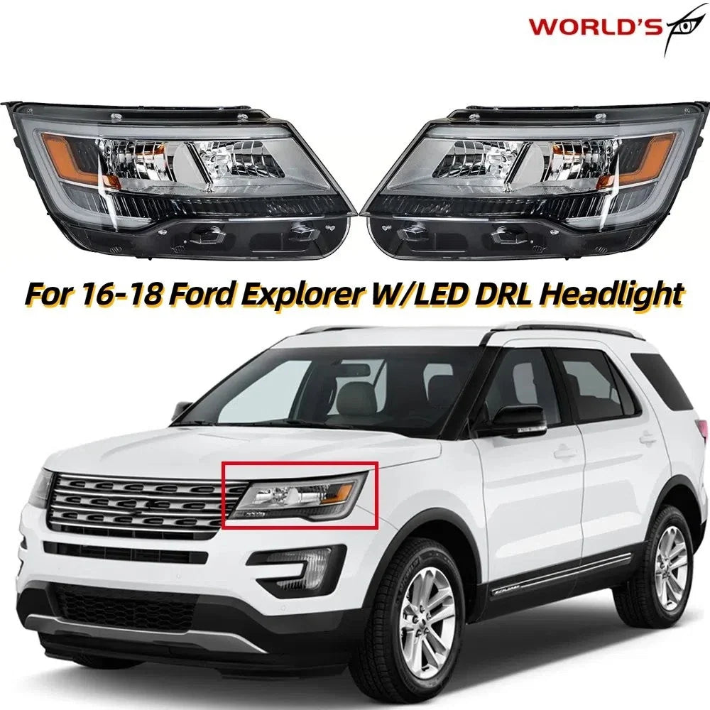 Set of 2 Headlight Assemblies for Ford Explorer (2016–2018) with LED DRL Chrome