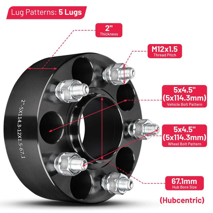 4X 2 Inch 5 Lug Hubcentric Wheel Spacers 5x4.5 for Mazda RX-8 (2003–2012)