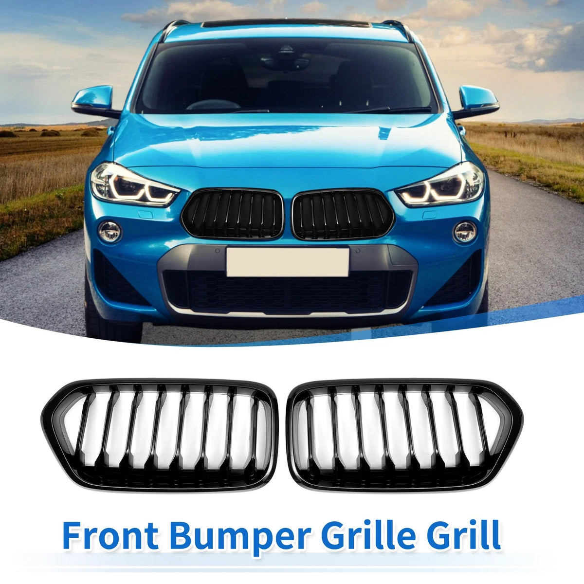 1 Pair Front Upper Bumper Grille for BMW X2 (2017–2023) Gloss Black