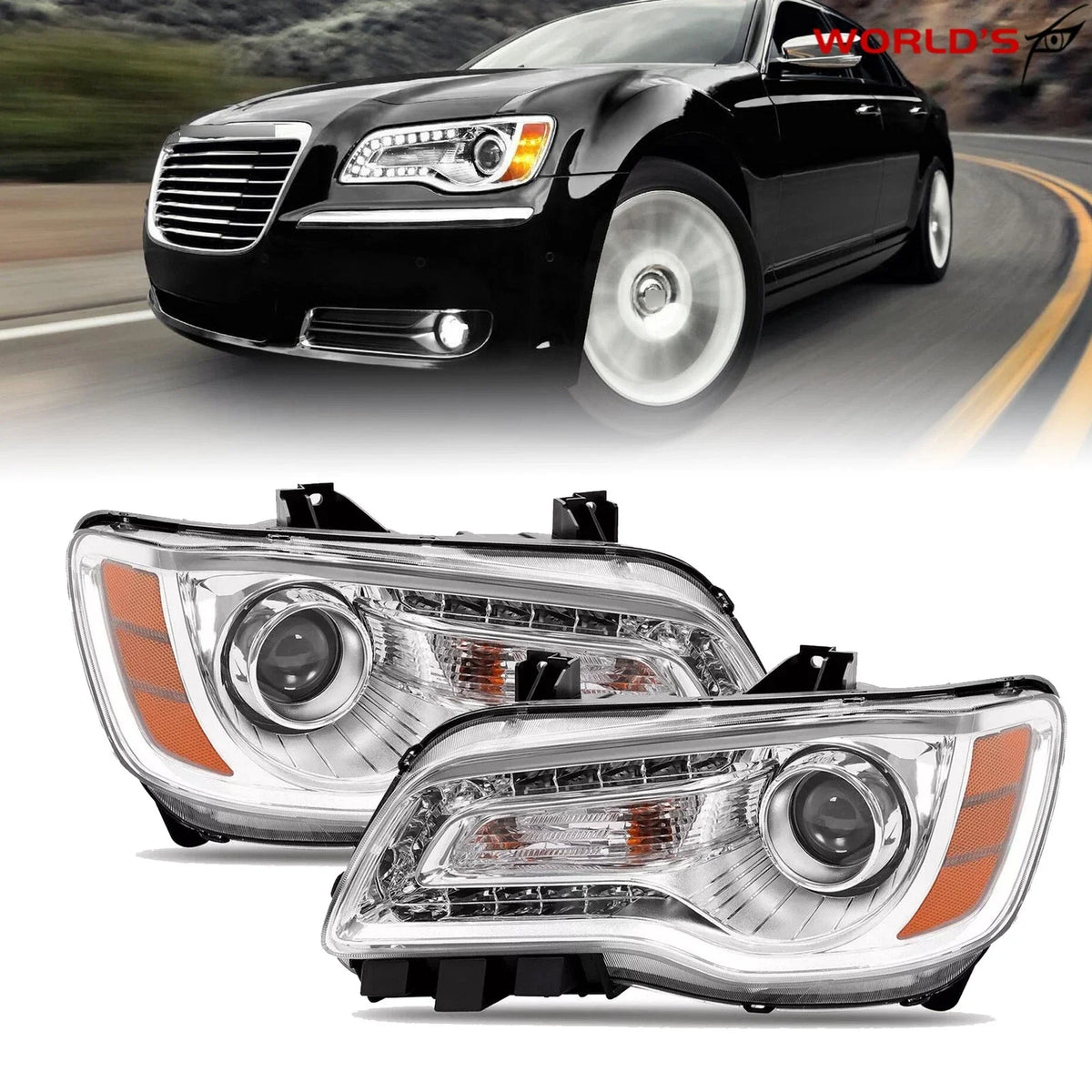 Set of 2 Headlights for Chrysler 300 (2011–2014) Chrome Housing Halogen