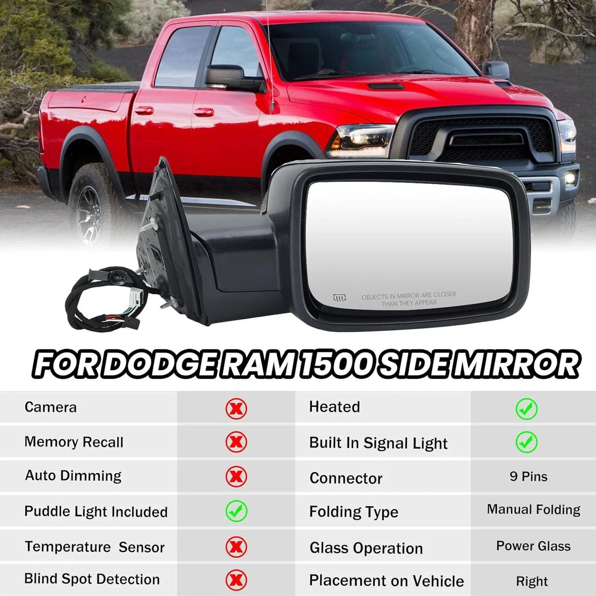 Pair of Power Heated Side Mirrors for Dodge Ram 1500 (2009–2012)