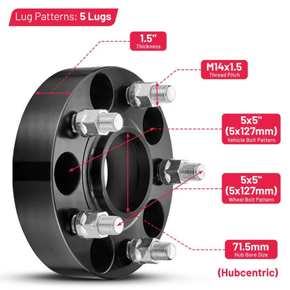 4X 1.5" 5x5 Hubcentric Wheel Spacers M14x1.5 for Dodge Durango (2011–2024)
