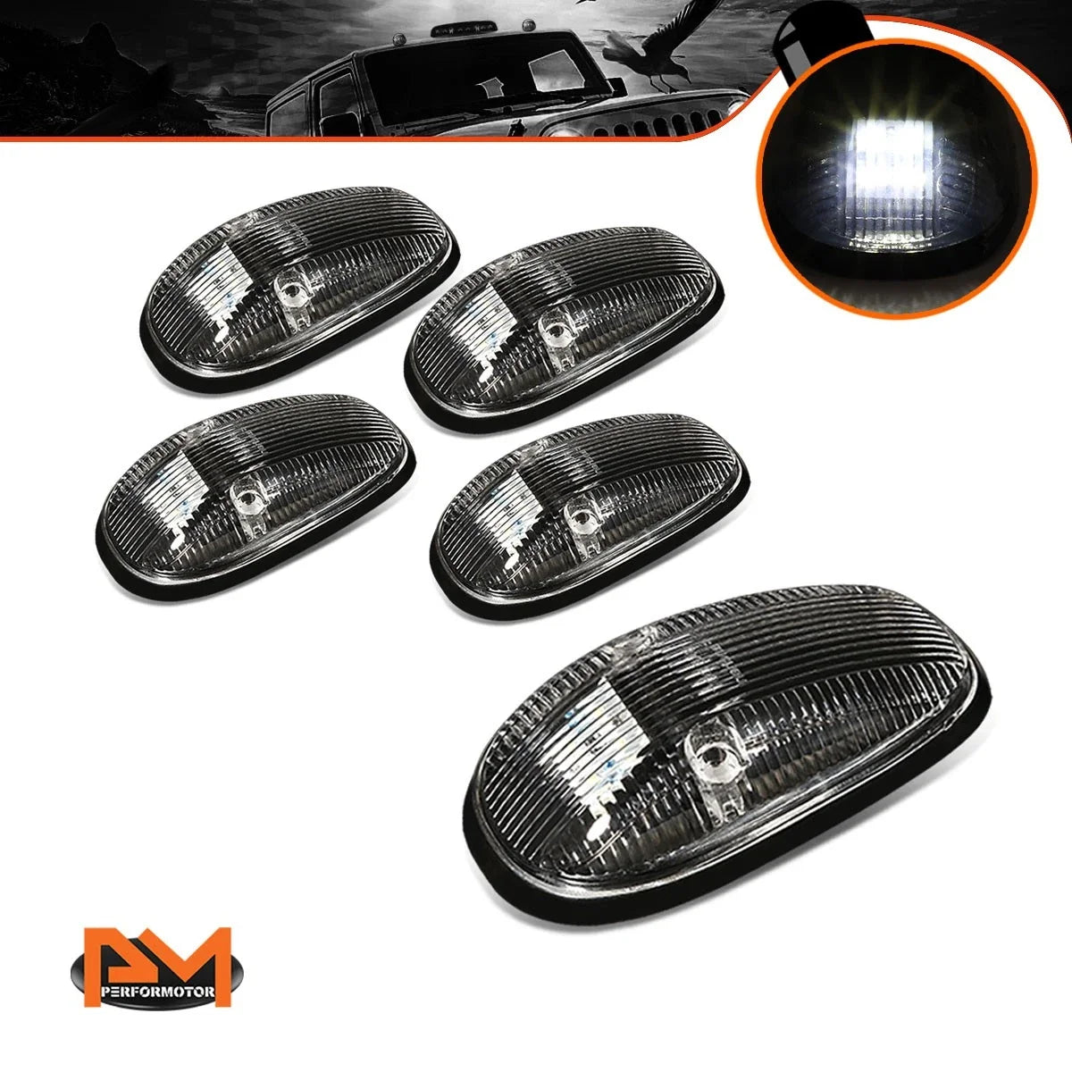 5Pcs Cab Roof Running Light Black Housing White LED for Dodge Ram (1999–2001)