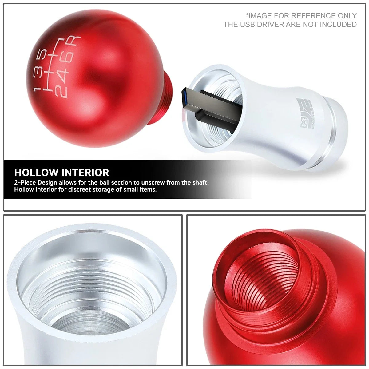 2-Piece 48mm Aluminum Red Silver Shift Knob for
