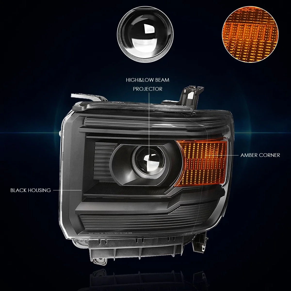 Projector Headlight for GMC Sierra Pickup (2014–2018) Black Housing Amber Corner
