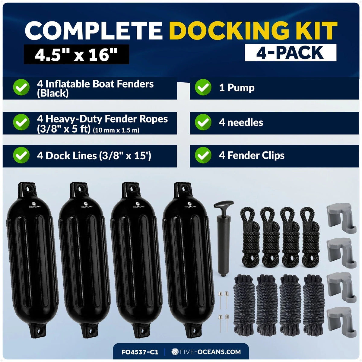 Set of 4 Boat Fenders for (4.5"x16", Black)