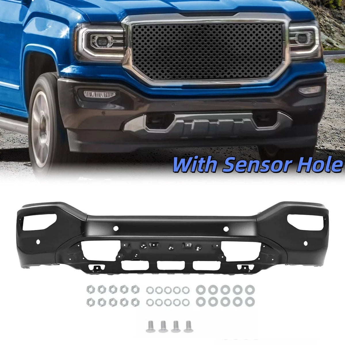 Front Bumper Cover for GMC Sierra 1500 (2016–2019) Black with Sensor Hole