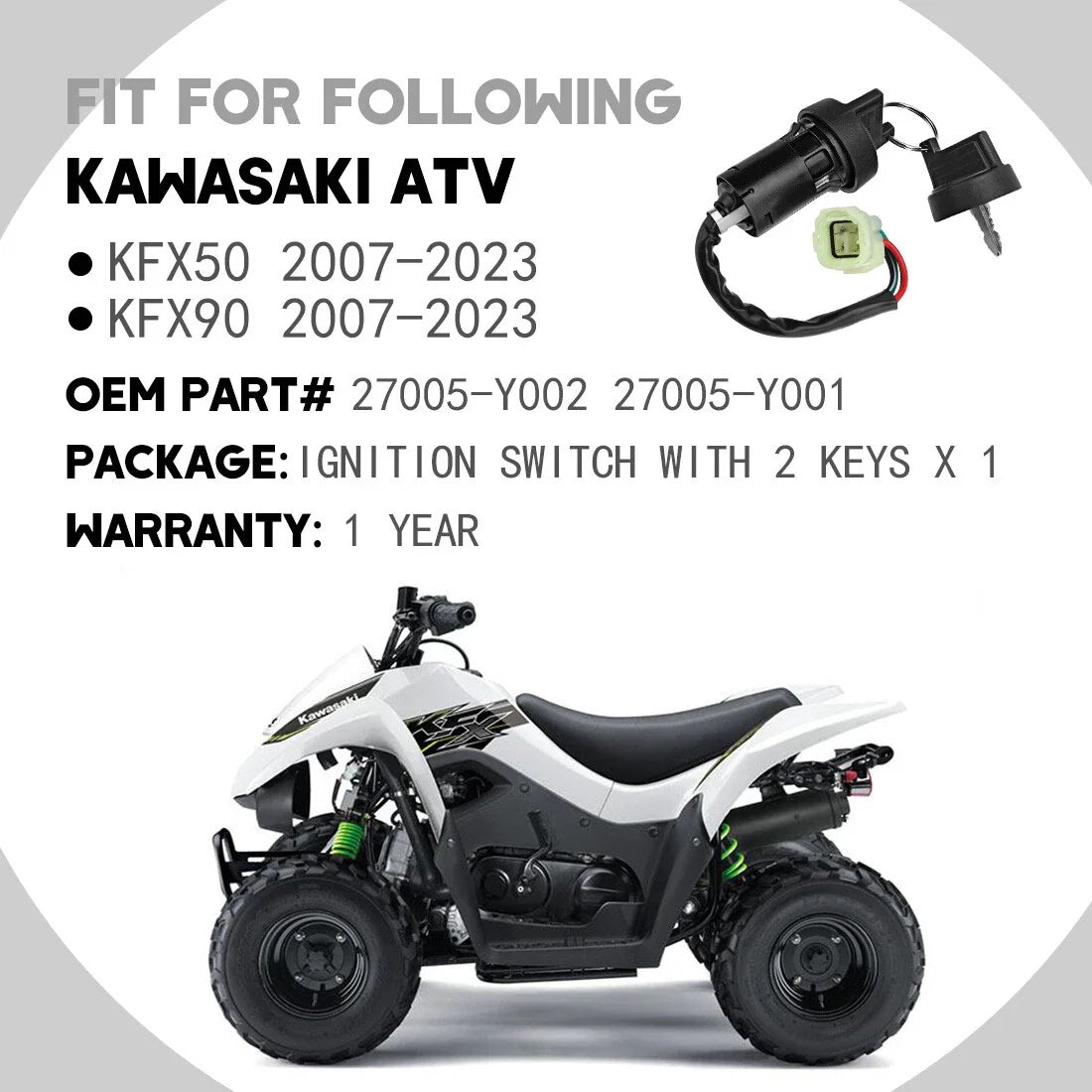 Ignition Switch Assembly 27005-Y002 for Kawasaki KFX50 KFX90 2007-2023