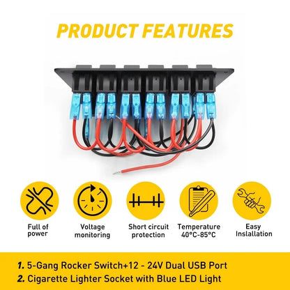6 Gang Rocker Switch Panel with LED for Marine Car Truck 12V