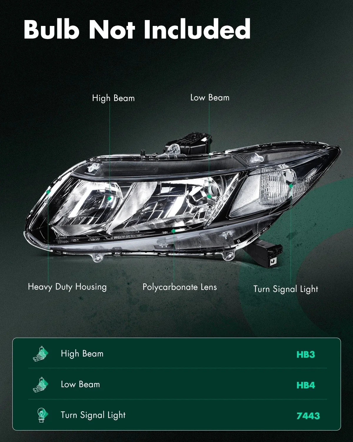 2X Headlight Assembly for Honda Civic (2012–2015) - Black