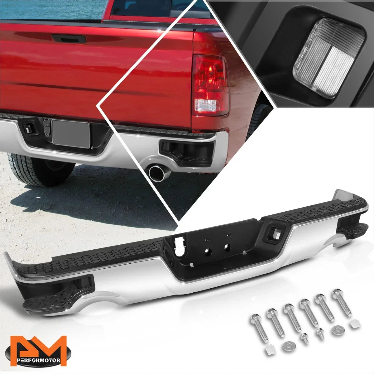 Rear Step Bumper, Chrome with Dual Exhaust for 2009-2023 Dodge Ram 1500/Classic