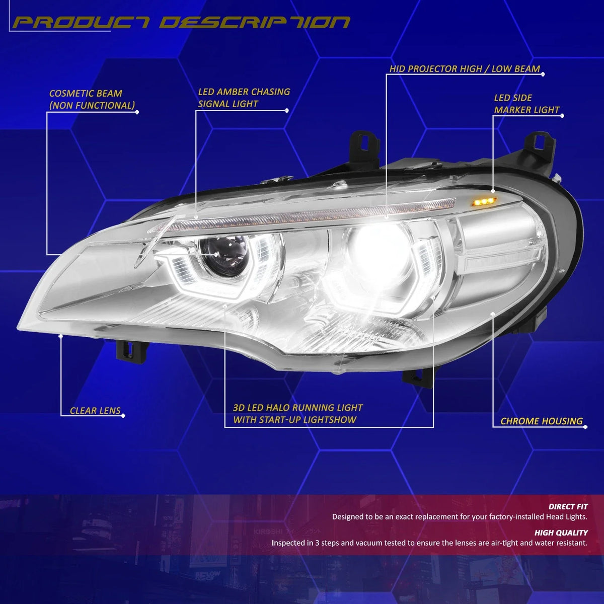LED Projector Sequential Headlights for BMW X5 (2007–2010) - Chrome Housing