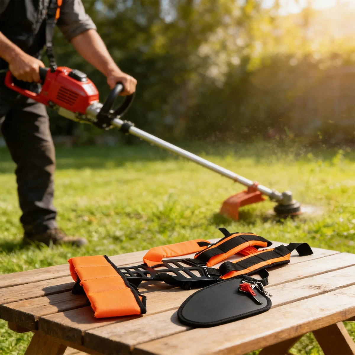 Ergonomic Trimmer Harness for Garden Use (Adjustable, Padded Shoulders)
