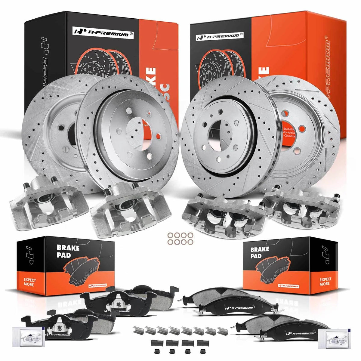Set of 16 Drilled Rotors & Pads with Brake Calipers for Lincoln Ford