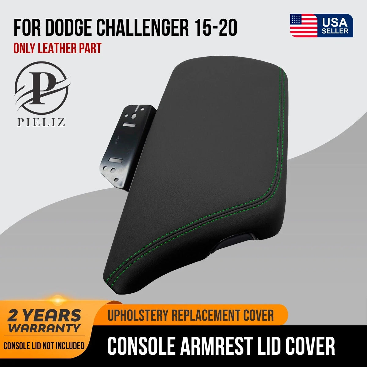Leather Console Lid Armrest Cover for Dodge Challenger (2015–2020) Green Stitch